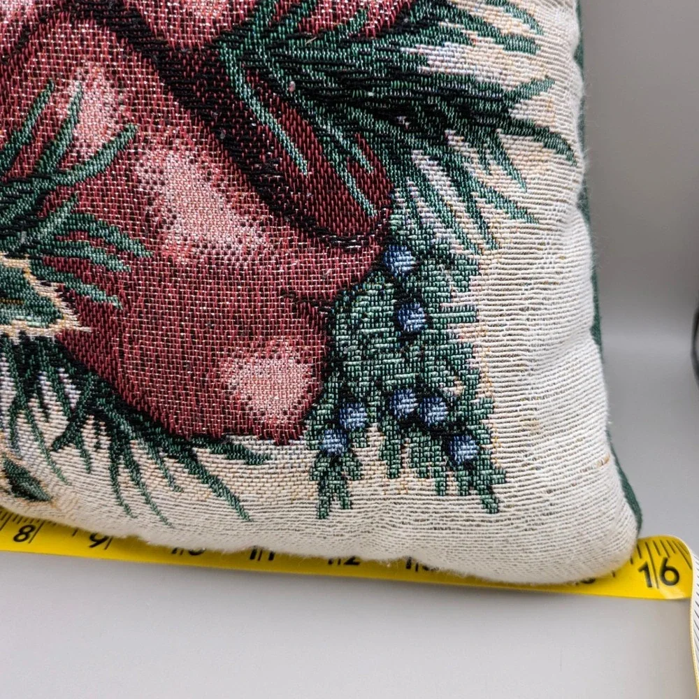 Vintage Christmas Tapestry Throw Pillow Pinecones Red Ribbon Gold Sparkles 16x16